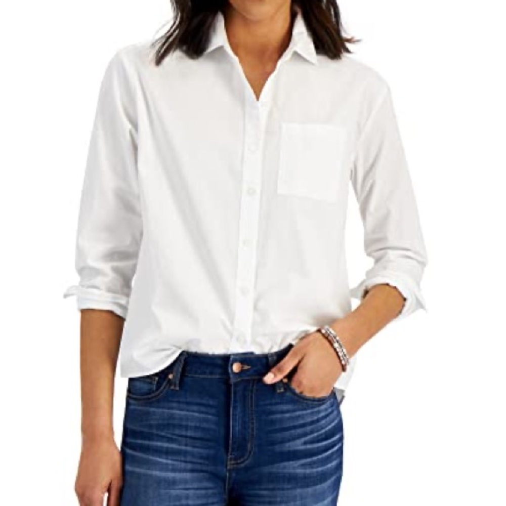 A new day white button down top